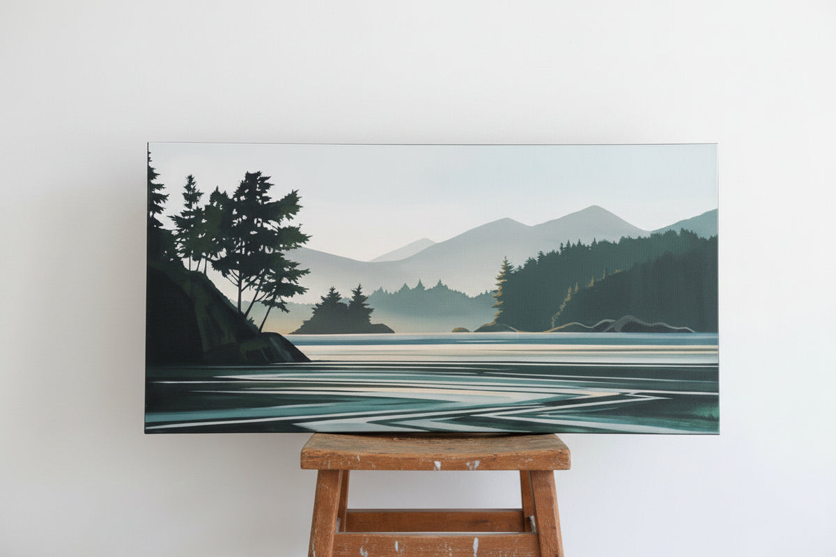 A Fiona Dalrymple painting called Calm Waters - a horizontal landscape painting of a calm lake with mountains, trees, and a shoreline, displayed on a rustic wooden mantel against a white wall.