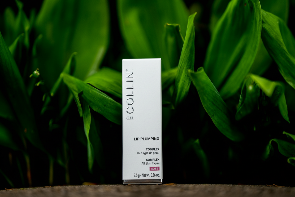GM Collin Lip Plumping Complex in a box with a dark leafy green background
