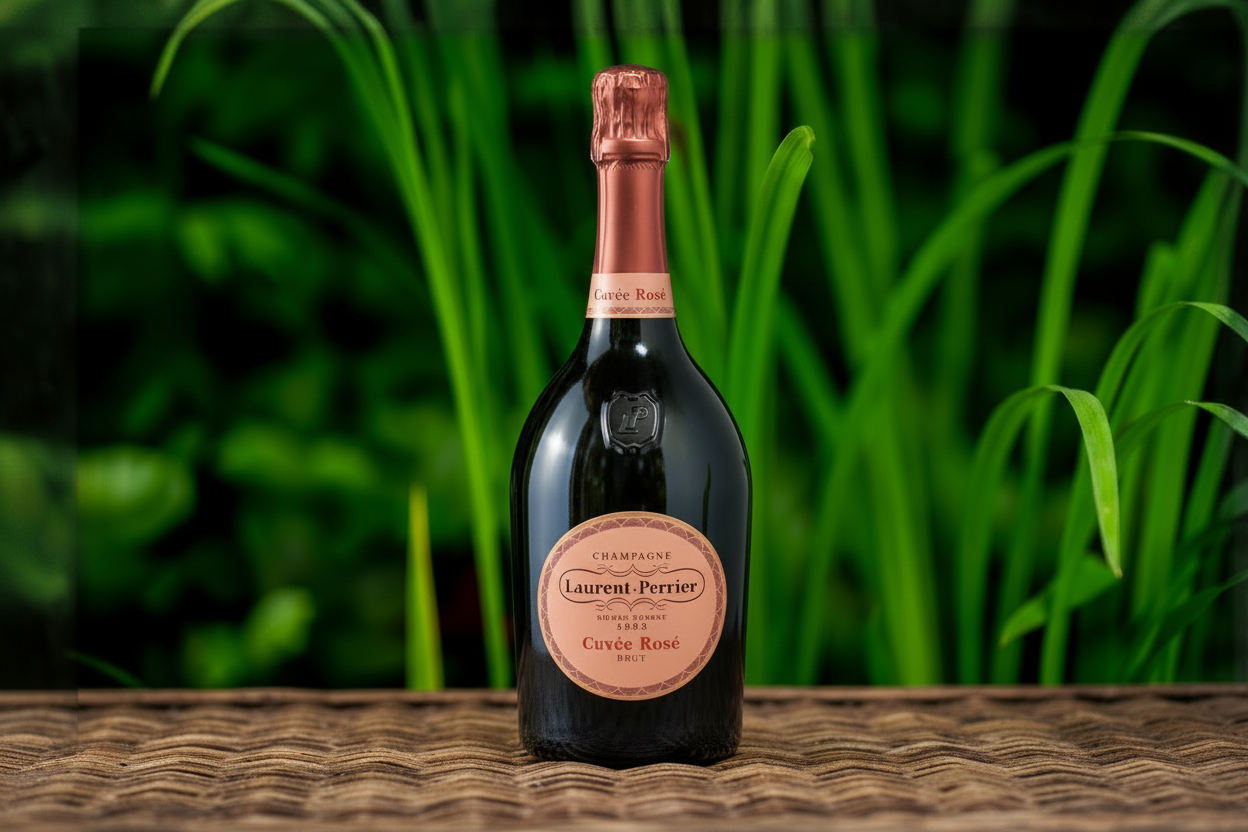 A bottle of expensive Laurent Perrier Cuvee Rose champagne sitting on a wooden bench with greenery behind it.