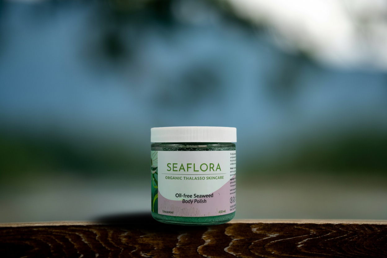 Jar of Seaflora oil free seaweed body polish on a wooden surface with a blurred natural background