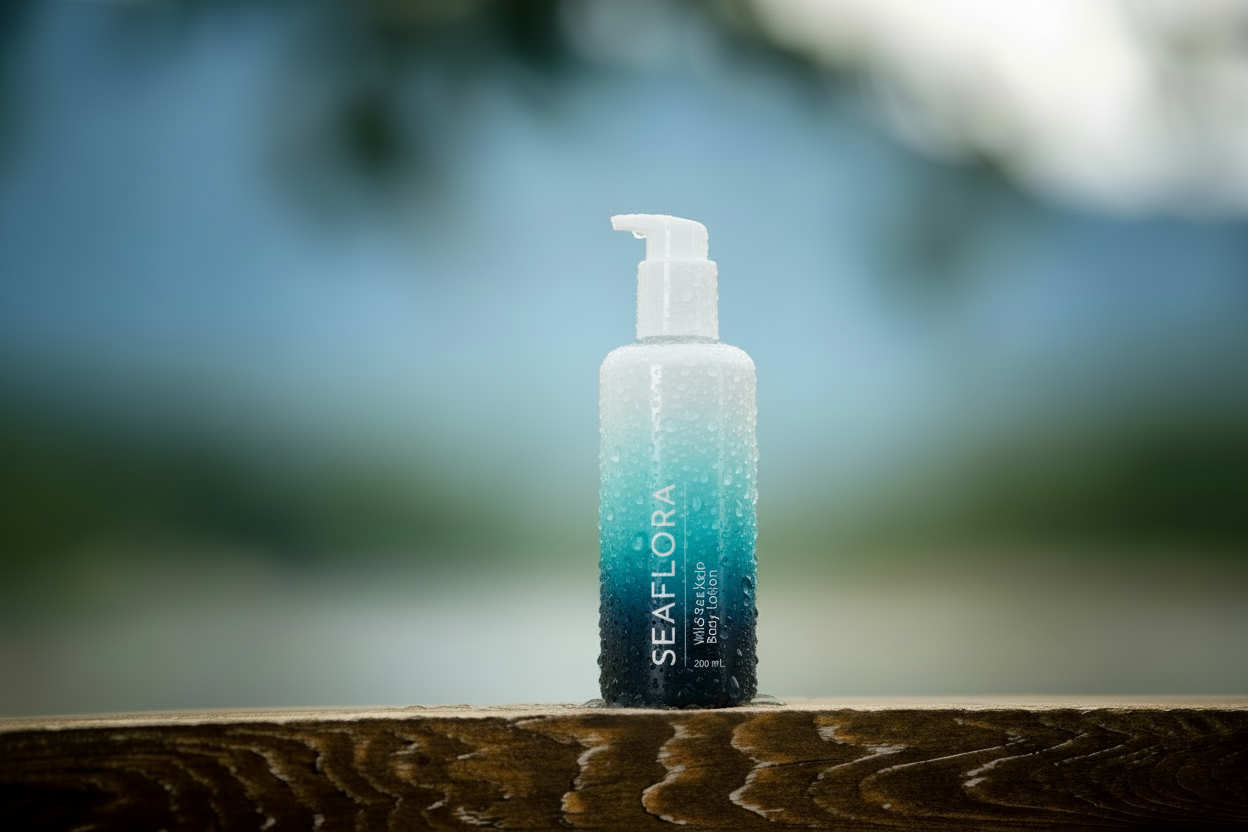 Seaflora Wild Sea Kelp body Lotion bottle and packaging on a wooden surface with a blurred natural background