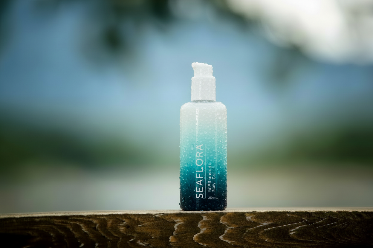 Bottle of Seaflora Wild Sea Kelp Body Lotion on a wooden surface with a blurred natural background