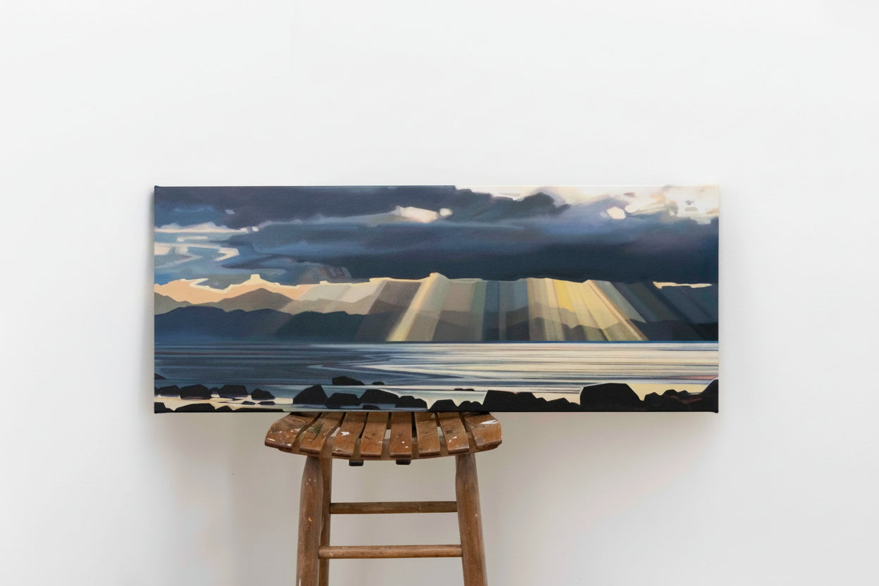 Fiona Dalrymple painting, "Metaphor", sitting on a chair with a plain white background.