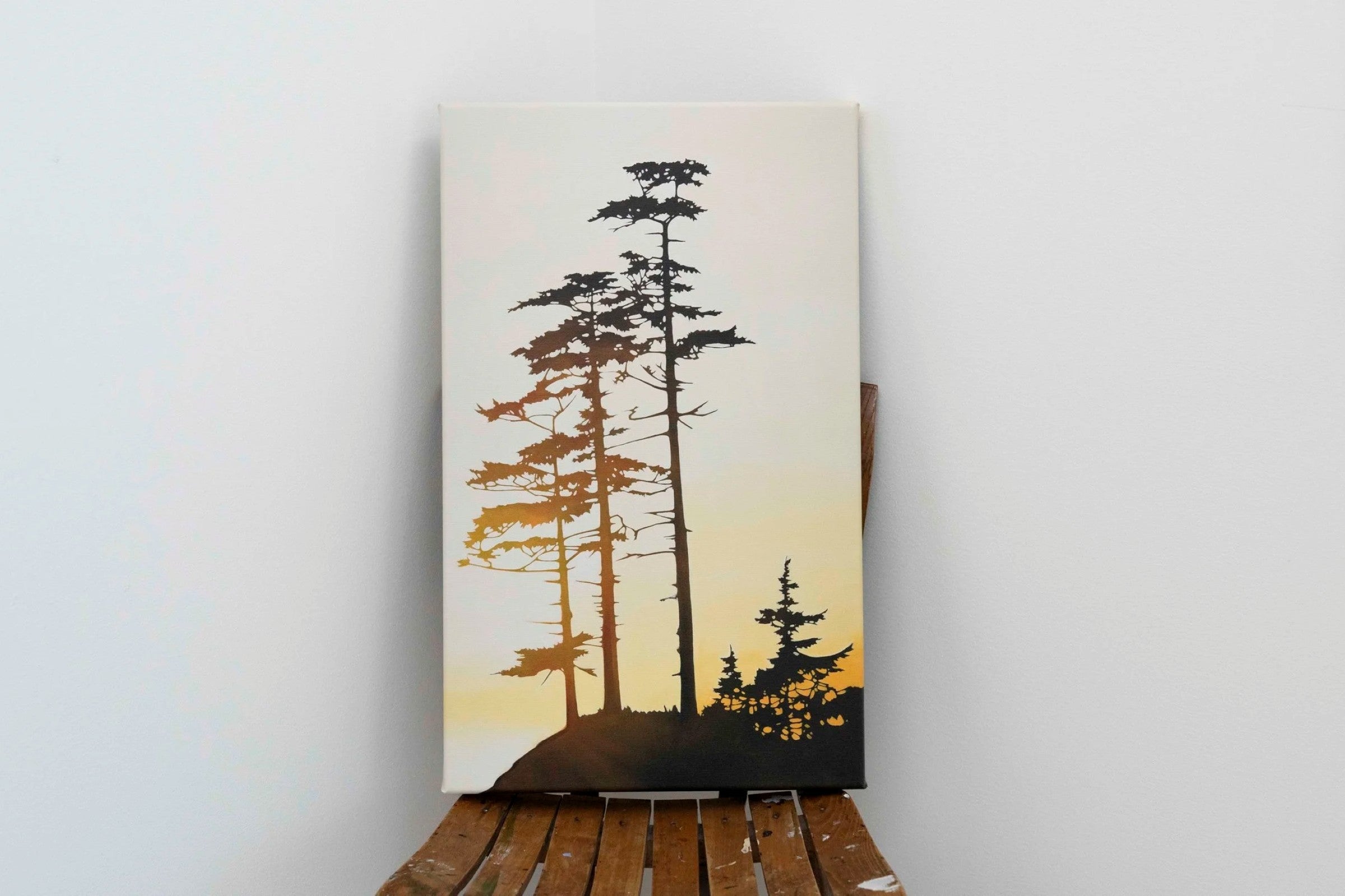 Fiona Dalrymple painting, "Sentinal", sitting on a wooden chair with white background.