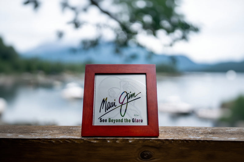 Maui Jim sunglasses box on a wooden ledge with a blurred lake and trees in the background