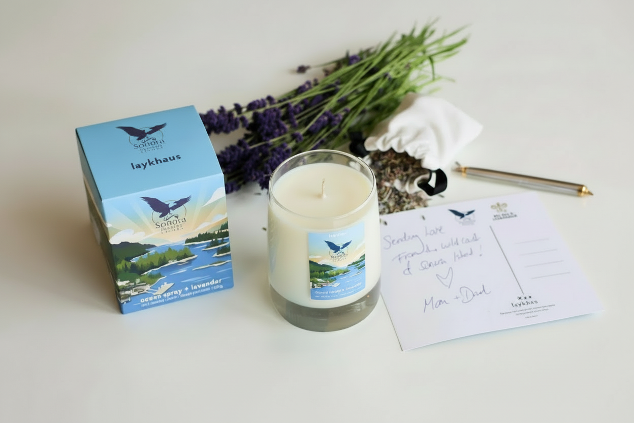 Laykhaus ocean spray + lavendar candle with a scenic label, packaging, lavender, and a pen on a light surface.