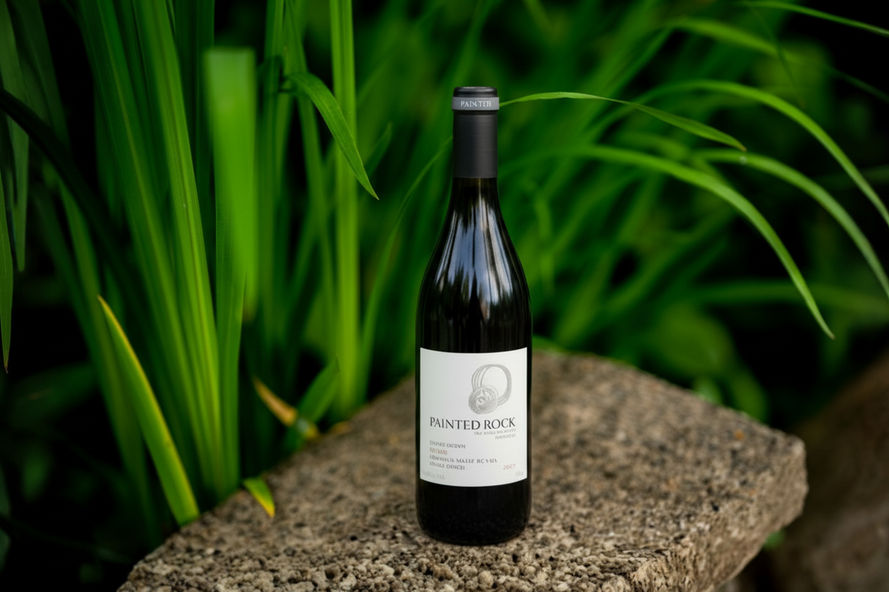 A bottle of Painted Rock Syrah with long blades or deep rich grass in the background.