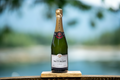 Bottle of Taittinger champagne on a wooden surface with a blurred natural background