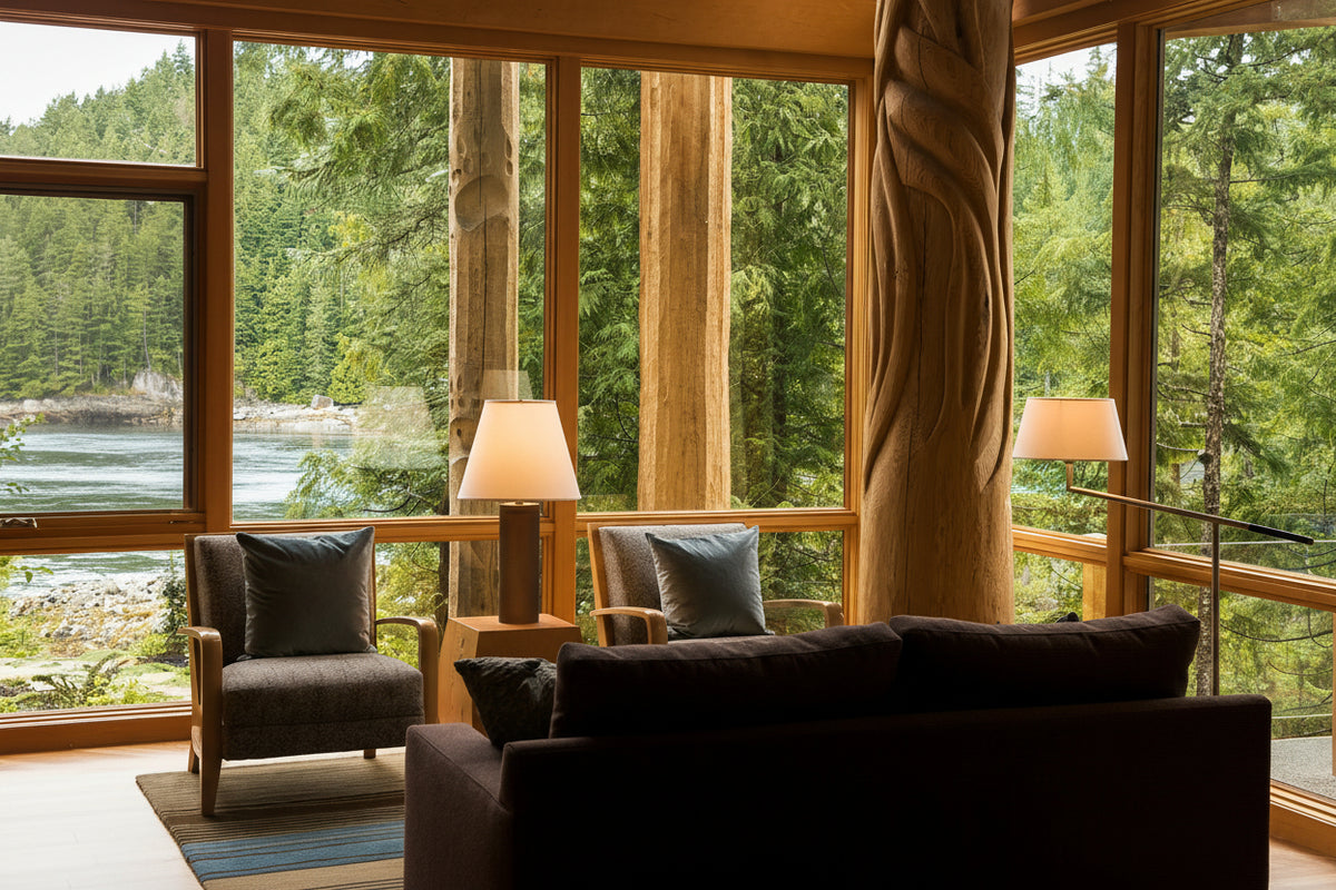 Living room with large windows offering a view of trees and water.