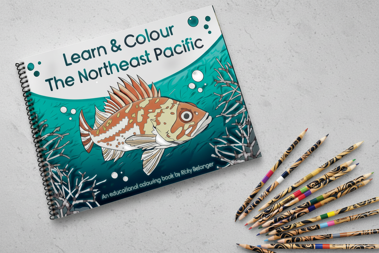 Coloring book titled 'Learn & Colour The Northeast Pacific' with fish illustration on a wooden surface, accompanied by colored pencils.