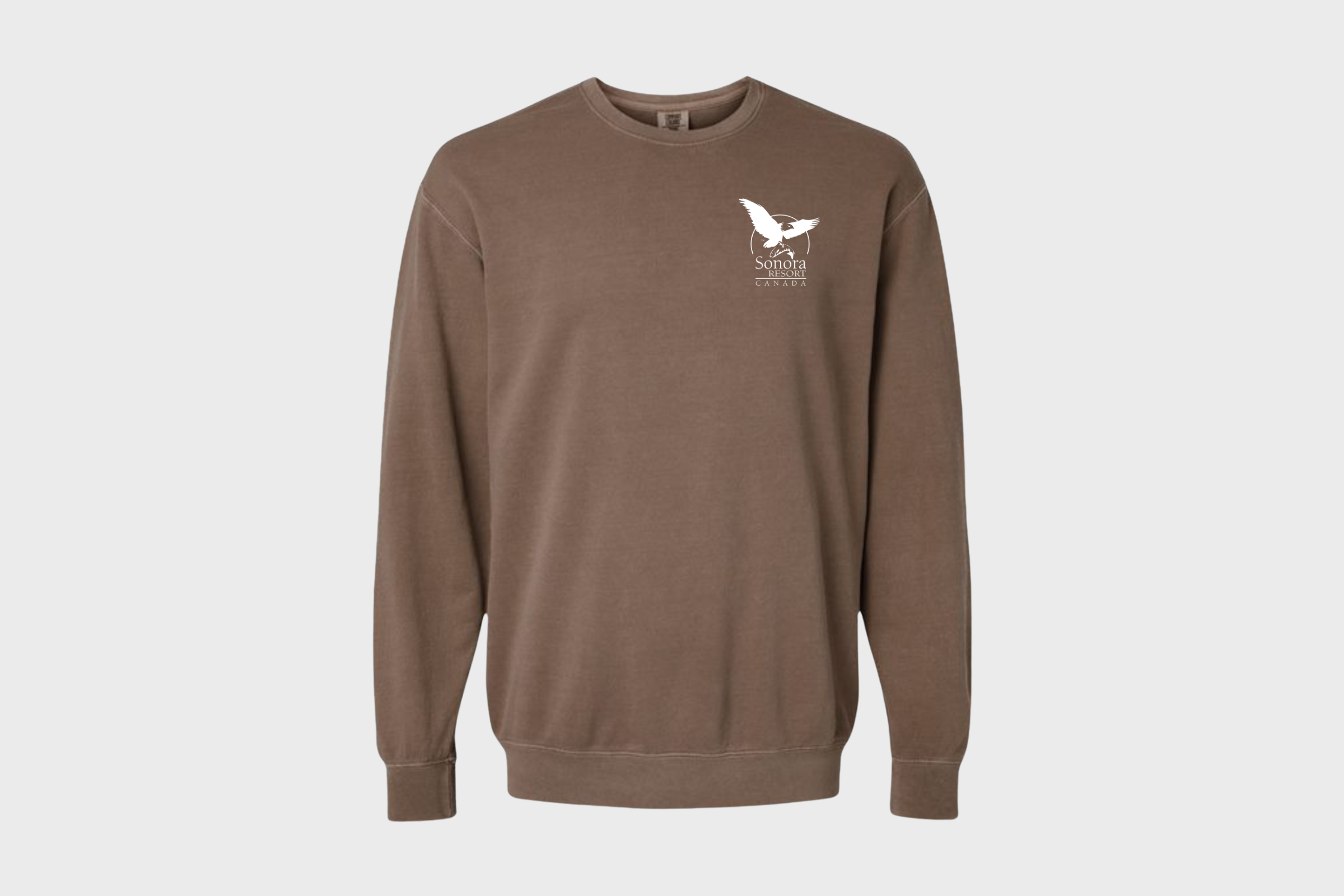 Crewneck sweater with Sonora Resort logo in top left hand side, in colour 'espresso', on a white background.