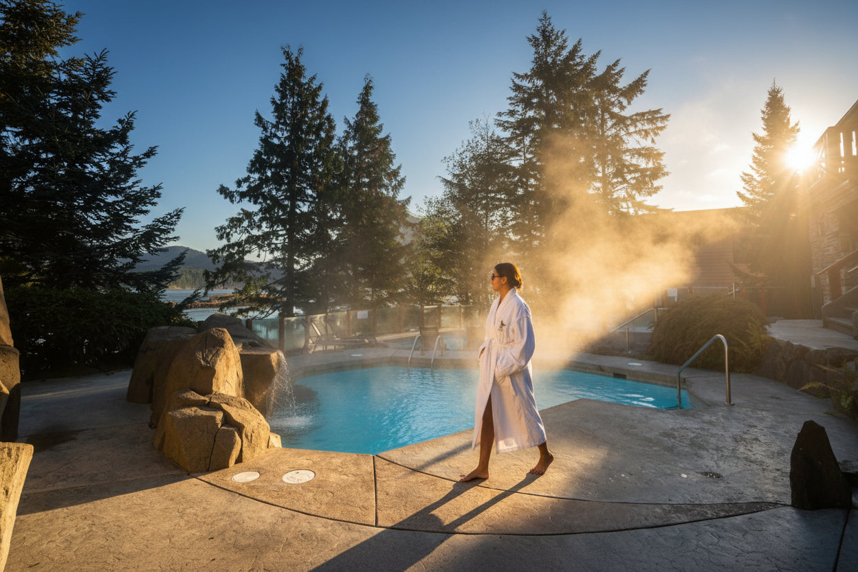 Person in an Island Currents Spa white robe at Sonora Resort, standing by outdoor mineral pools with trees, ocean and a building in the background.