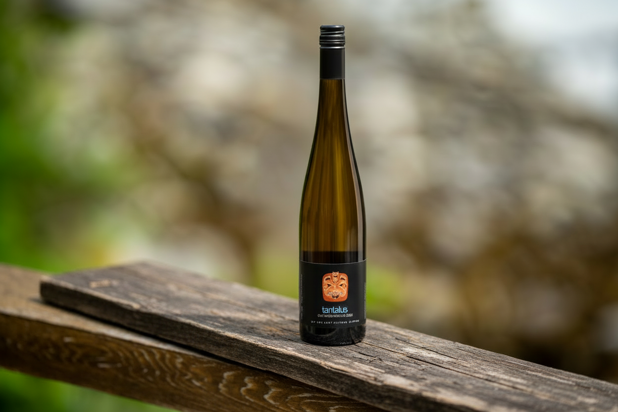 A bottle of Old Vines Tantalus riesling sitting on a wooden board with a blurred natural background, at Sonora Resort.