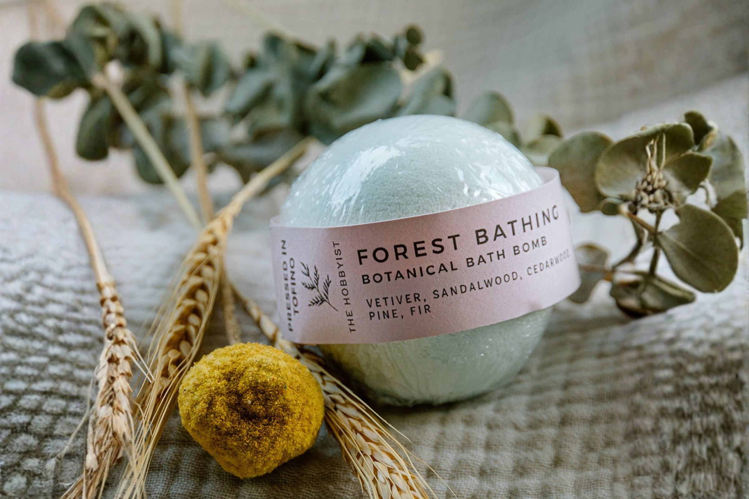 The Hobbyist Botanical Bath Bomb with scents of vetiver, sandalwood, cedarwood, pine and fir, on a textured surface with greenery.
