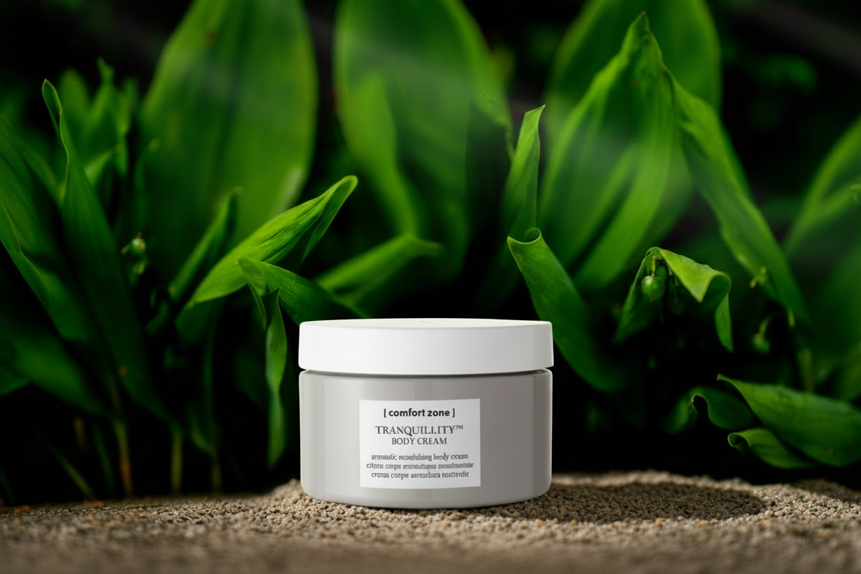 Jar of Tranquility Body Cream with green leaves in the background