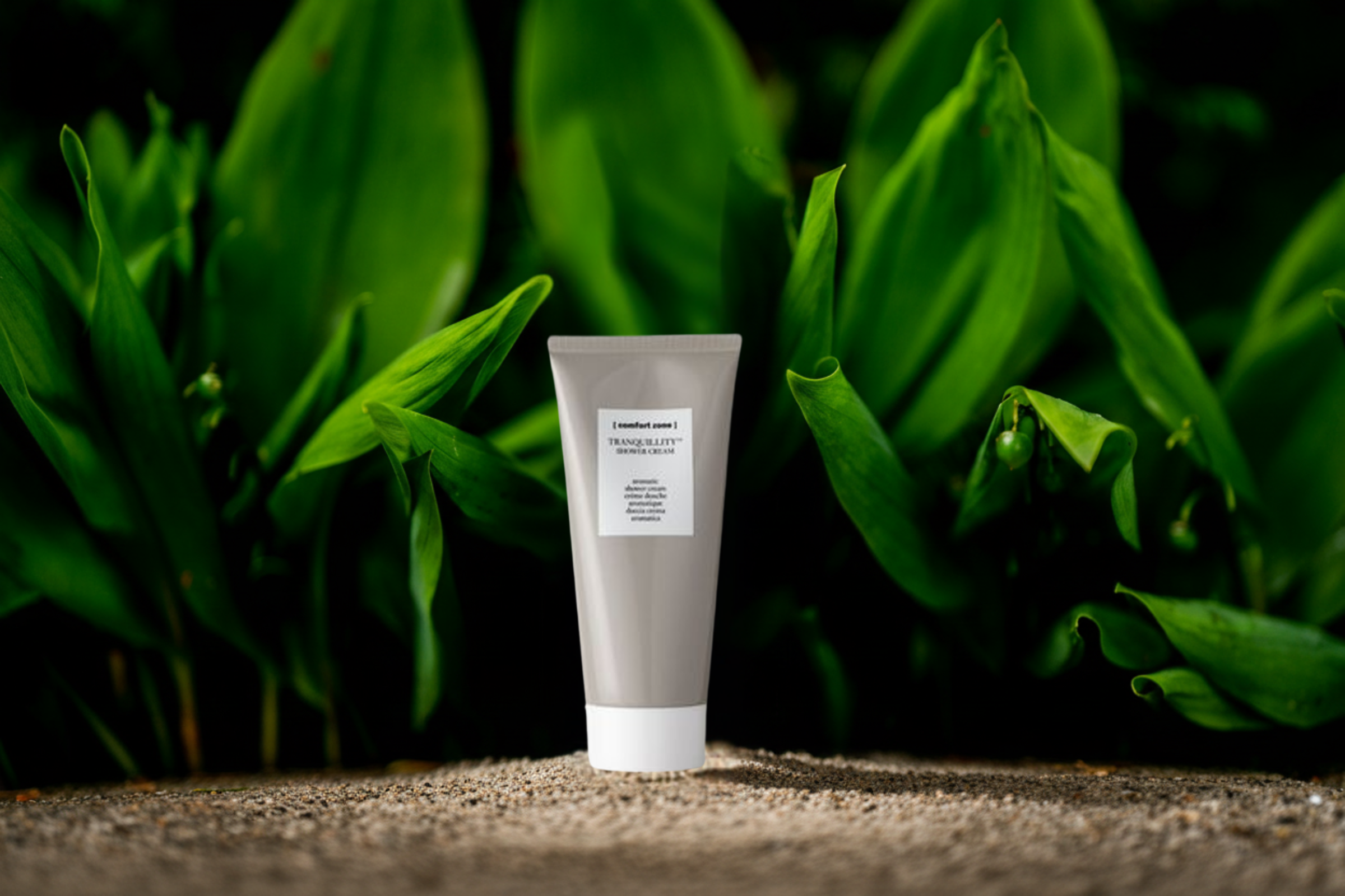 Bottle of Tranquility Shower Cream on a dark leafygreen background
